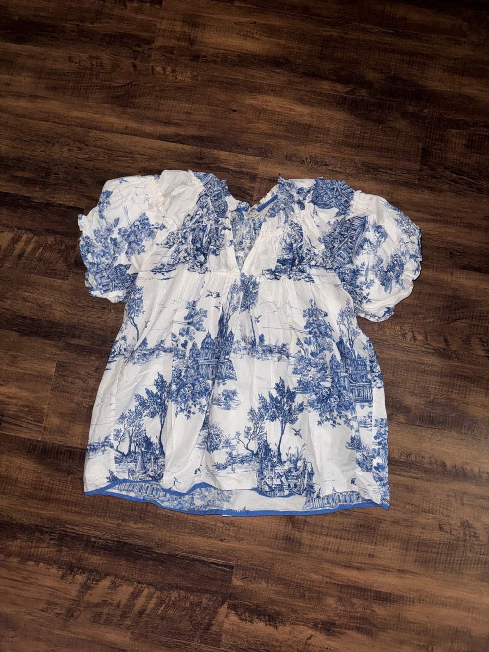 Umgee White and Blue Toile Print Top